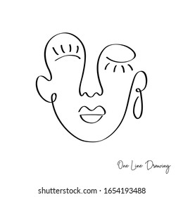 Fashion One line drawing women faces. Abstract female portrait. Vector lines modern glamour poster, minimalistic style. Abstract continuous linear art, t shirt print.