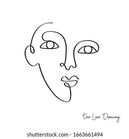 Fashion One line drawing women faces. Abstract female portrait. Vector lines modern glamour poster, minimalistic style. Abstract continuous linear art, t shirt print.