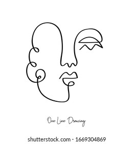 Fashion One line drawing women faces. Abstract female portrait. Vector lines modern glamour poster, minimalistic style. Abstract continuous linear art, t shirt print.