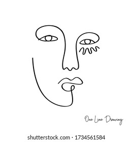 Fashion One line drawing women face. Abstract female portrait. Vector lines modern glamour poster, minimalistic style. Abstract continuous linear art, t shirt print.