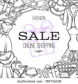 Fashion online shop frame template design. Dress, lipstick, perfume, cart, shoe, clothing, purse, gift, hat watches and glasses in hand drawn style. Vector illustration
