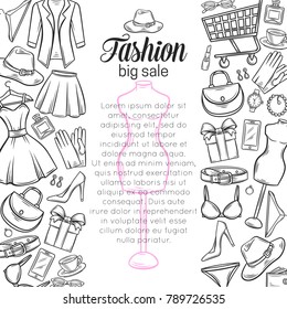 Fashion online shop page banners template design. Dress, lipstick, perfume, cart, shoe, clothing, purse, gift, hat, watches and glasses in hand drawn style. Vector Illustration