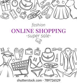 Fashion online shop page template design. Dress, lipstick, perfume, cart, shoe, cothing, purse, gift, hat, watches and glasses in hand drawn style. Vector illustration