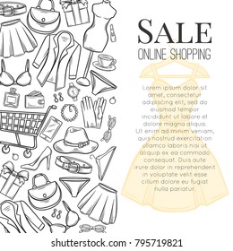Fashion online shop page template design. Dress, lipstick, perfume and cart. Shoe, clothing, purse, gift, hat, watches and glasses in hand drawn style. Vector Illustration