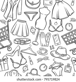 Fashion online shop seamless pattern. Dress, lipstick, perfume and cart. Shoe, clothing, purse, gift, hat, watches and glasses in hand drawn style. Vector Illustration