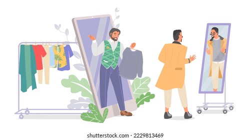 Fashion online stylist for man vector illustration. Professional shopper giving shopping guidance and advice to male client character regarding choice new apparel