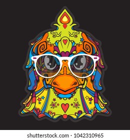 Fashion ornament face of bird with styled eyeglasses, sunglasses, vector illustration