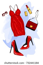 Fashion outfit. Stylish fashionable clothes: dress, sunglasses, lipstick, shoes bag. A set of clothes for a summer fashion girl, accessories. Women's fashion looks. Sketch. Vector illustration