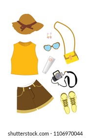 Fashion outfit. Stylish trendy clothing: dress, crop top, hat, camera, bag, sunglasse, sunscreen . Fashion summer girl clothes set, accessories. Woman's fashion look on white background. Vector illust