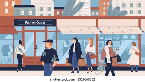 Fashion outlet, mass market apparel store, trendy clothing boutique, shopping center or mall and people, buyers or customers walking along city street. Flat cartoon colorful vector illustration.