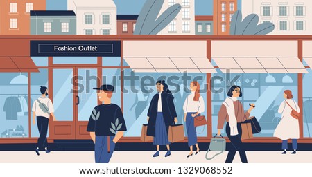 Fashion outlet, mass market apparel store, trendy clothing boutique, shopping center or mall and people, buyers or customers walking along city street. Flat cartoon colorful vector illustration.