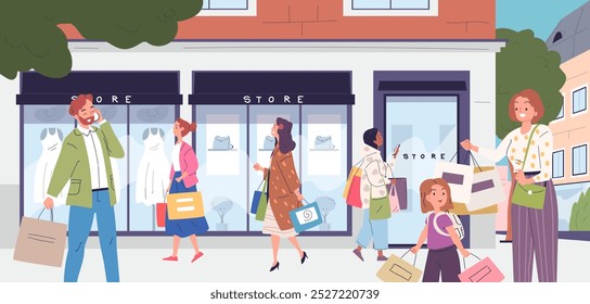 Outlet de moda. Las Personas caminan fuera de la boutique de ropa de moda, el Cliente del centro comercial visita la tienda de ropa de calle con maniquí, compra minorista de consumo Ilustración vectorial elegante Obra de arte original