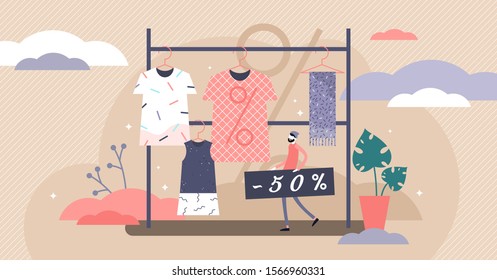 Fashion outlet sale offer concept, flat tiny person vector illustration. Abstract shop interior with trendy style clothes on hangers. Person holding percentage discount sign. Women beauty commerce.