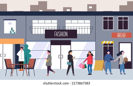 Fashion Outlet, Shopping Center Or Mall And People, Buyers Or Customers Walking Along City Street Illustration