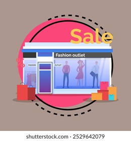 Fashion outlet window with mannequins flat vector illustration. Shopping bags near clothing store. Fashion, boutique, special offer, sale concept for banner or web design