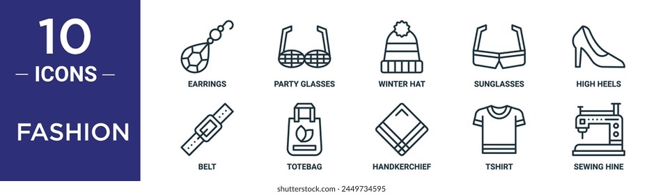 fashion outline icon set includes thin line earrings, party glasses, winter hat, sunglasses, high heels, belt, totebag icons for report, presentation, diagram, web design