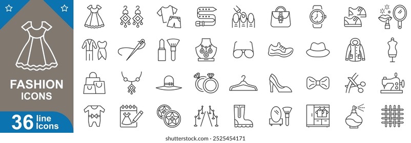 Fashion outline icons set. Style, shoes, runway, luxury, dress, statement, clothes, Avant, glamour, couture and more. vector illustrator.