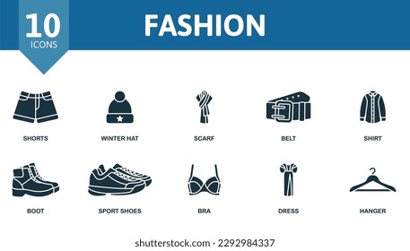 Fashion outline set. Creative icons: shorts, winter hat, scarf, belt, shirt, boot, sport shoes, bra, dress, hanger.