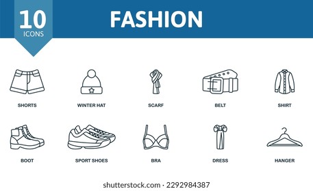 Fashion outline set. Creative icons: shorts, winter hat, scarf, belt, shirt, boot, sport shoes, bra, dress, hanger.