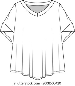 Fashion over sized V Neck fancy sleeve flat sketch drawing vector design