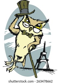 fashion owl with a cylinder, bow tie and a cane illustration for t-shirts