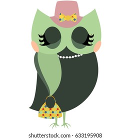 Fashion owl in green dress with pink hat and yellow bag Vector Illustration