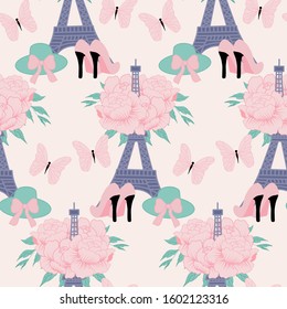 fashion paris with high heels, butterflies and tour eiffel in a seamless pattern design, perfect to use on the web or in print