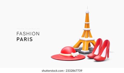 Moda en París. Torre Eiffel realista, sombrero, tacones altos. Publicidad en color de los tours de compras en la capital de Francia. Vacaciones con visitas a desfiles de moda, boutiques y tiendas