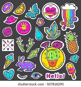 Fashion patch badge elements in cartoon 80s-90s comic style. Set modern trend doodle pop art sketch. Vector clip art illustration isolated.