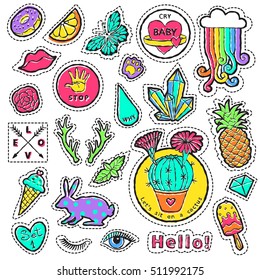Fashion patch badge elements in cartoon 80s-90s comic style. Set modern trend doodle pop art sketch. Vector clip art illustration isolated.