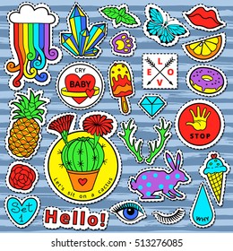Fashion patch badge elements in cartoon 80s-90s comic style. Set modern trend doodle pop art sketch. Vector clip art illustration isolated.