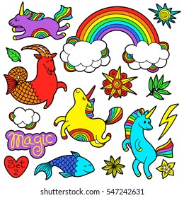 Fashion patch badge elements in cartoon 80s-90s comic style. Set modern trend doodle pop art sketch with rainbow unicorns. Vector clip art illustration isolated.