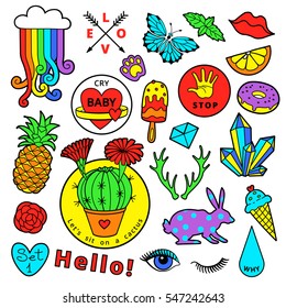 Fashion patch badge elements in cartoon 80s-90s comic style. Set modern trend doodle pop art sketch. Vector clip art illustration isolated.