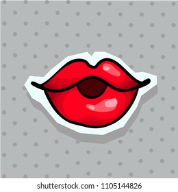 Fashion patch badge with lips pop art style sticker with dot background.