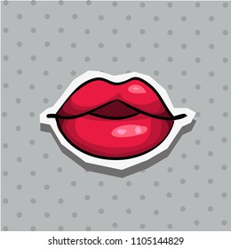 Fashion patch badge with lips pop art style sticker with dot background.