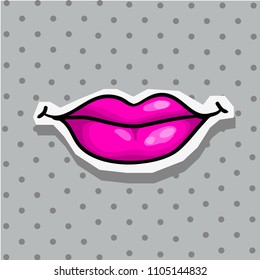 Fashion patch badge with lips pop art style sticker with dot background.