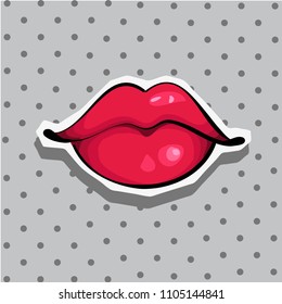 Fashion patch badge with lips pop art style sticker with dot background.