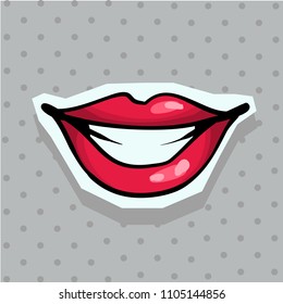 Fashion patch badge with lips pop art style sticker with dot background.