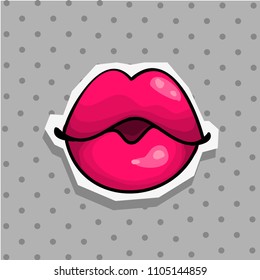 Fashion patch badge with lips pop art style sticker with dot background.
