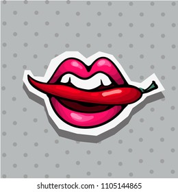 Fashion patch badge with lips pop art style sticker with dot background.