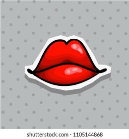 Fashion patch badge with lips pop art style sticker with dot background.