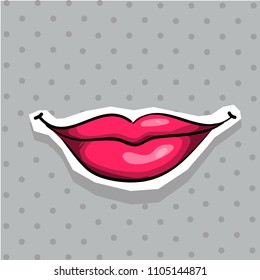 Fashion patch badge with lips pop art style sticker with dot background.