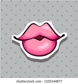 Fashion patch badge with lips pop art style sticker with dot background.