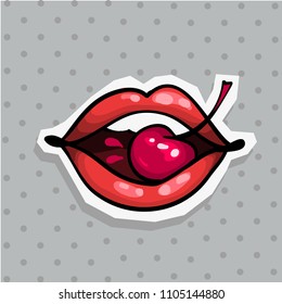 Fashion patch badge with lips pop art style sticker with dot background.