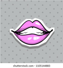 Fashion patch badge with lips pop art style sticker with dot background.
