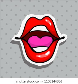 Fashion patch badge with lips pop art style sticker with dot background.