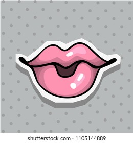 Fashion patch badge with lips pop art style sticker with dot background.