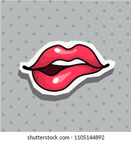 Fashion patch badge with lips pop art style sticker with dot background.