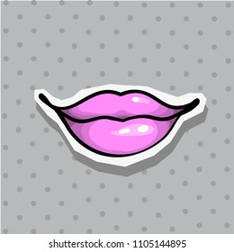 Fashion patch badge with lips pop art style sticker with dot background.