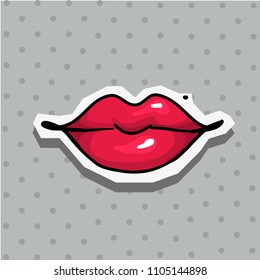 Fashion patch badge with lips pop art style sticker with dot background.